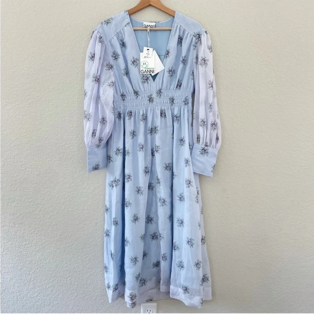 GANNI Light Blue Floral Midi Dress - Picture 4 of 13